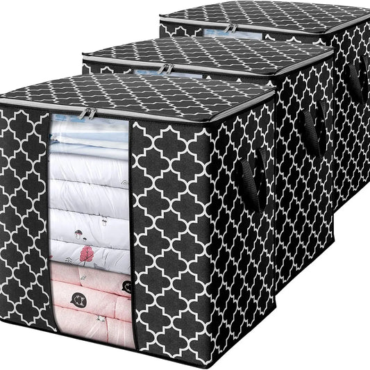 Large 100L Storage Bag for Blankets and Clothes - Foldable Organizer with Reinforced Handles, Transparent Window, and Sturdy Zipper in Black