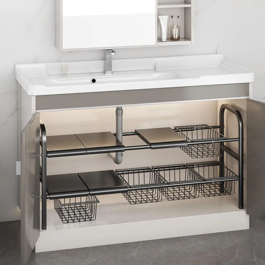 Expandable Under-Sink Kitchen Organizer with Removable Baskets and Retractable Metal Shelf System