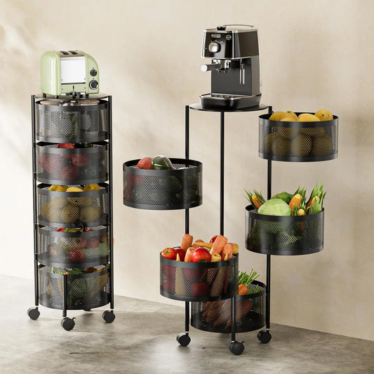 1-Piece 3/5-Tier Rotatable round Metal Storage Organizer - No Assembly Required, Smooth Surface, Mesh Design, Kitchen Supplies Holder, House Organizers for Kitchen/Bathroom, Fruit & Vegetable Basket (Black/White)