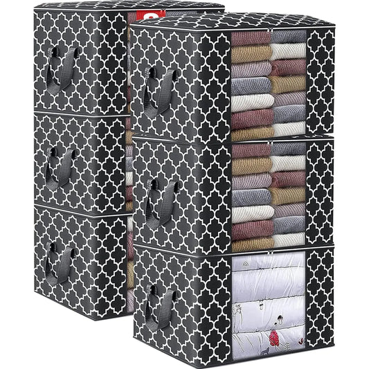 Large Black Printed Storage Bags - 6-Pack, Ideal for Blankets and Clothing, Foldable Design with Reinforced Handles
