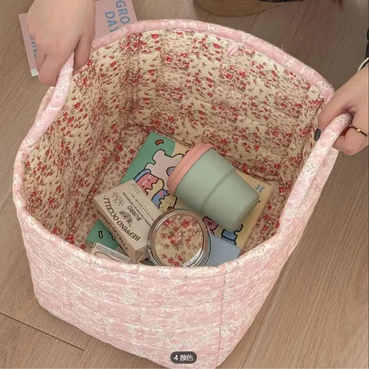 Car Storage Basket - Quilted Floral Fabric Organizer for Clothes, Toys, and Blankets - Machine Washable, Large Capacity Backseat and Trunk Storage Solution