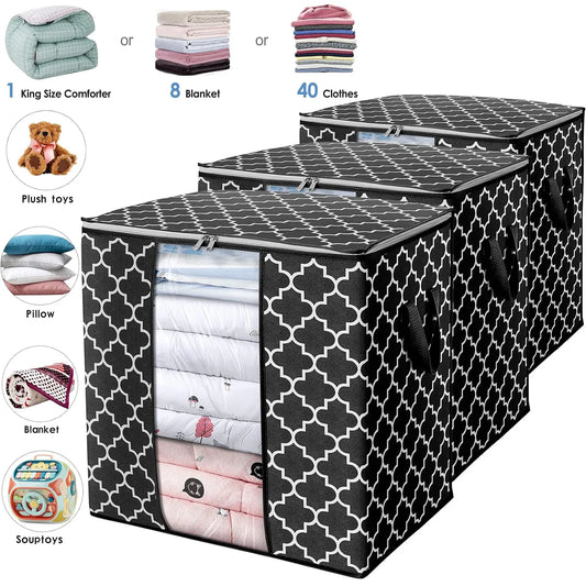Large Black Print Storage Bags (3 Pack, 100L) - Foldable Organizer for Blankets, Quilts, and Clothes with Reinforced Handles