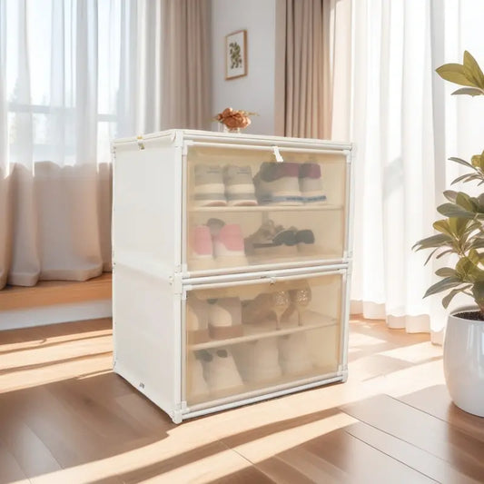 ONAIL Modular Shoe Racks with Lid - Eco-Friendly Rectangular Foldable Storage Box for Kitchen, Bedroom, Bathroom & Warehouse - Cream White Color Clear Plastic Drawers Metal Organizer