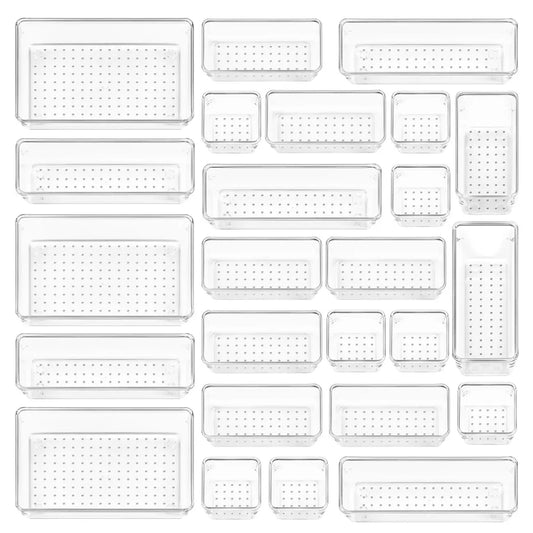 25 PCS Clear Plastic Drawer Organizers Set, 4-Size Versatile Bathroom and Vanity Drawer Organizer Trays, Storage Bins for Makeup Boxes, Desktop Organizer Bins, Durable Storage