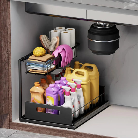 Under Sink Organizer, Pull Out Cabinet Organizer 2 Tier Slide Out Sink Shelf Cabinet Storage Shelves, Storage for Kitchen Bathroom,Mother'S Day Gift,Black