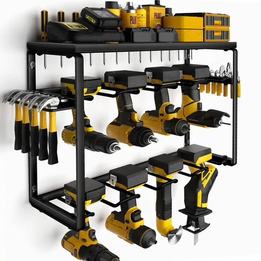 3-Tier Heavy Duty Metal Power Tool Organizer Wall Mount Storage Rack, Construction Tool Organizer with 8 Drill Holder Hooks, Rust-Resistant Garage Utility Shelf for Work Accessories, Dad Gifts